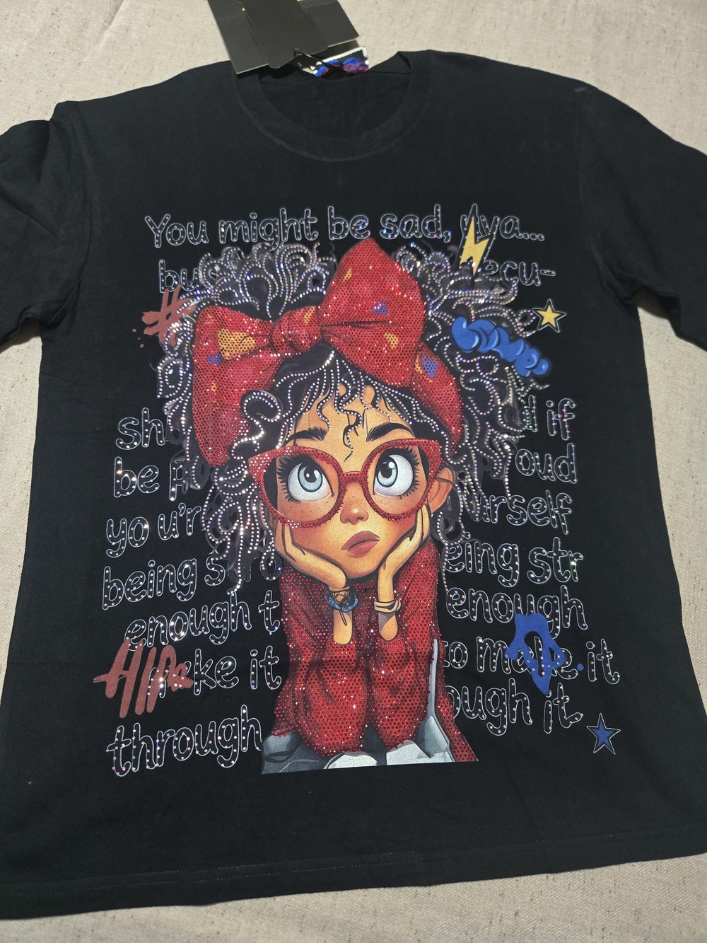 Black Graphic Women's Tee with Red Bow Girl Illustration